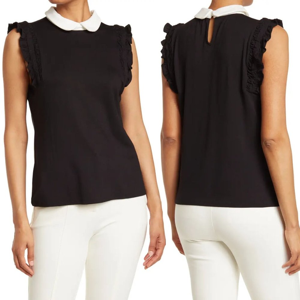 NEW CeCe Ruffle Contrast Peter Pan Collar Sleeveless Tank Blouse Top $59 Small S - Picture 1 of 12